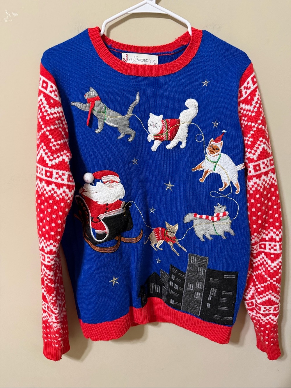Jolly Sweaters Holiday Cat Sleigh Crewneck Santa sleigh lined comfort medium euc